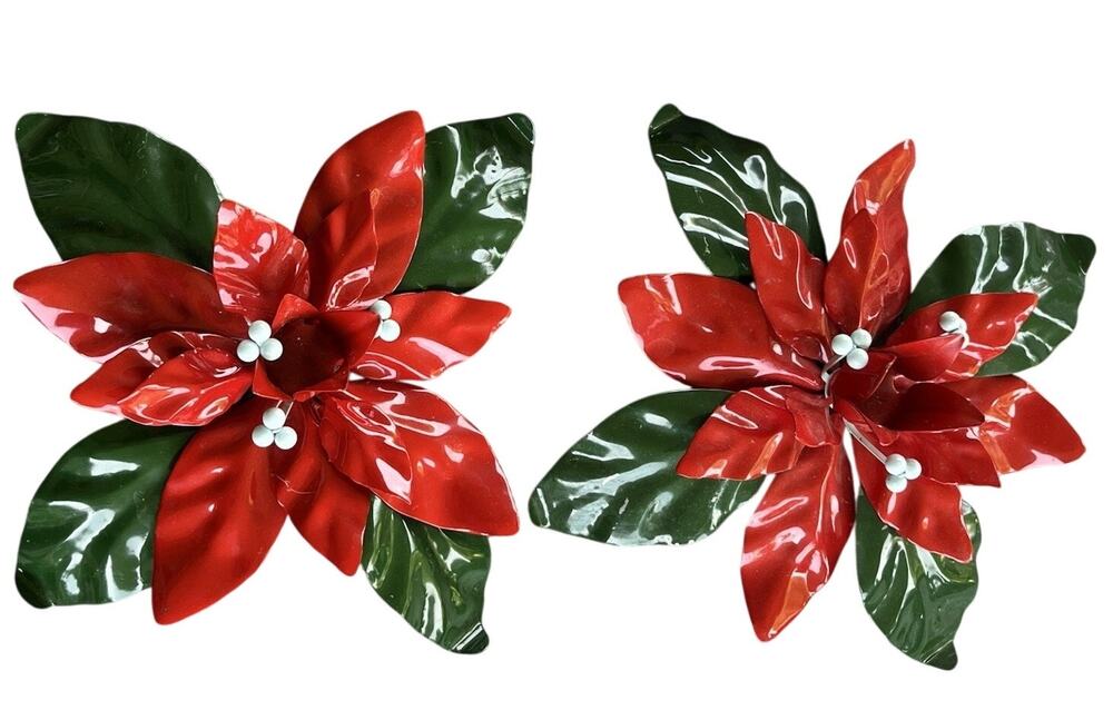 Dept 56 Poinsettia Candle Holder Pair Red Green White Vintage Metal Enamel Taper